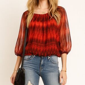 Alice & Olivia Alta Peasant Silk Top – Red Pattern, Billowy Sleeves, Sz M
